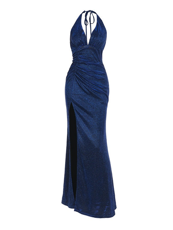 Elegant Sequin Maxi Dress for Women with Halter Neck Ruched High Slit Mermaid Style