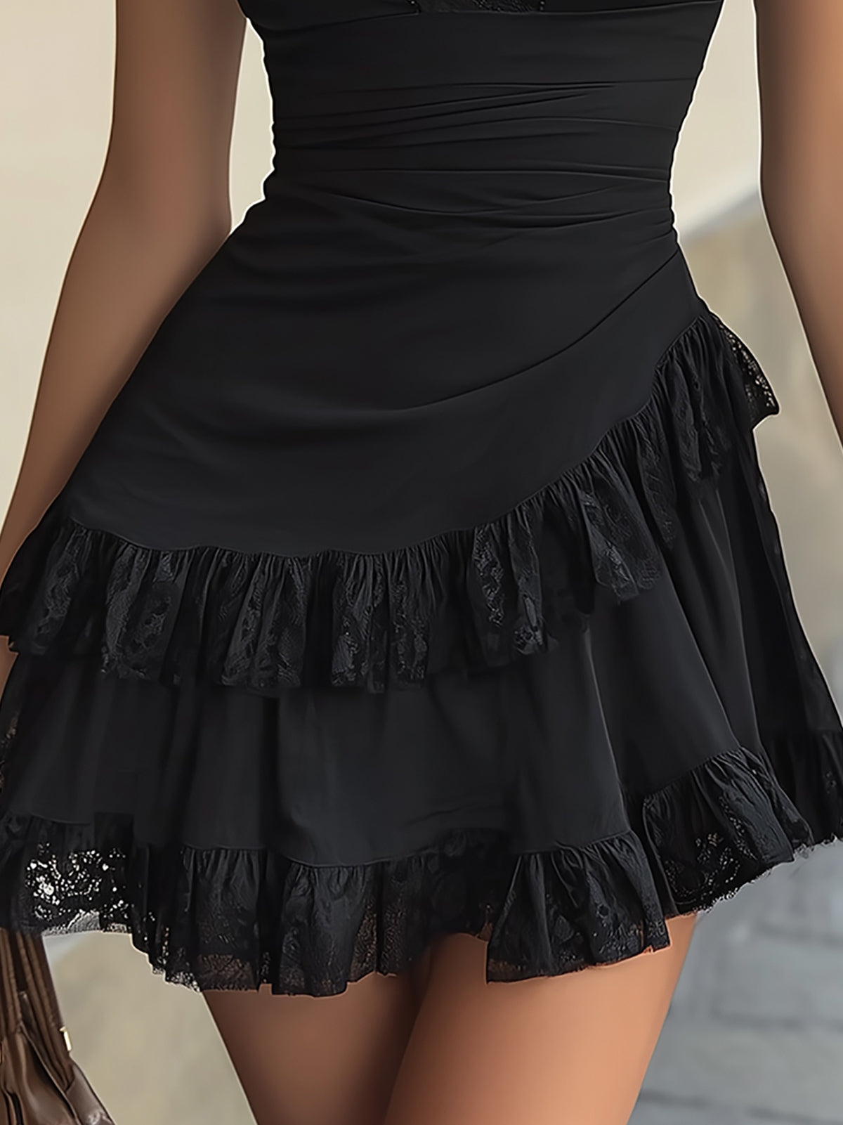 Elegant Black Lace Mini Dress for Women with V Neck Puff Sleeve Ruched Tiered Ruffle Cocktail Style