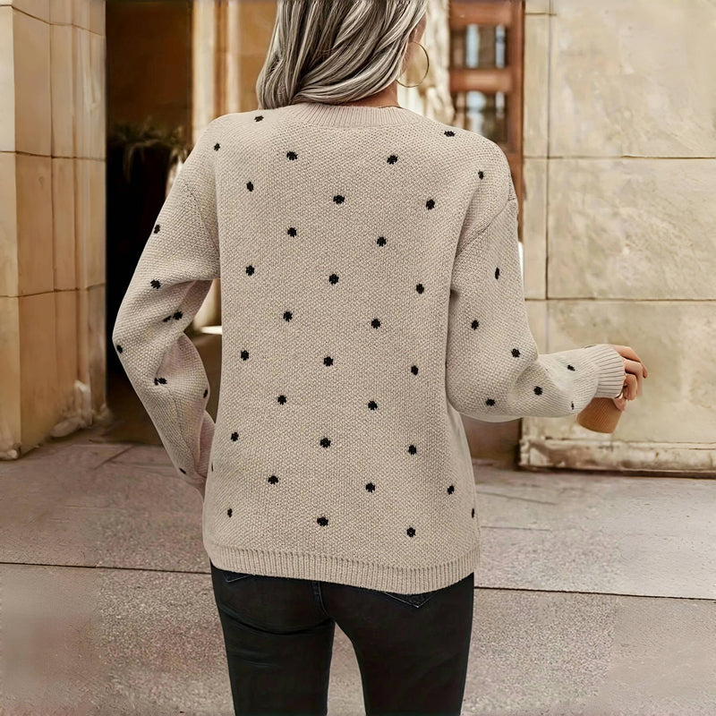 Comfortable Polka Dot Sweater for Women with Crew Neck Long Sleeve Relaxed Oversized Knit Style