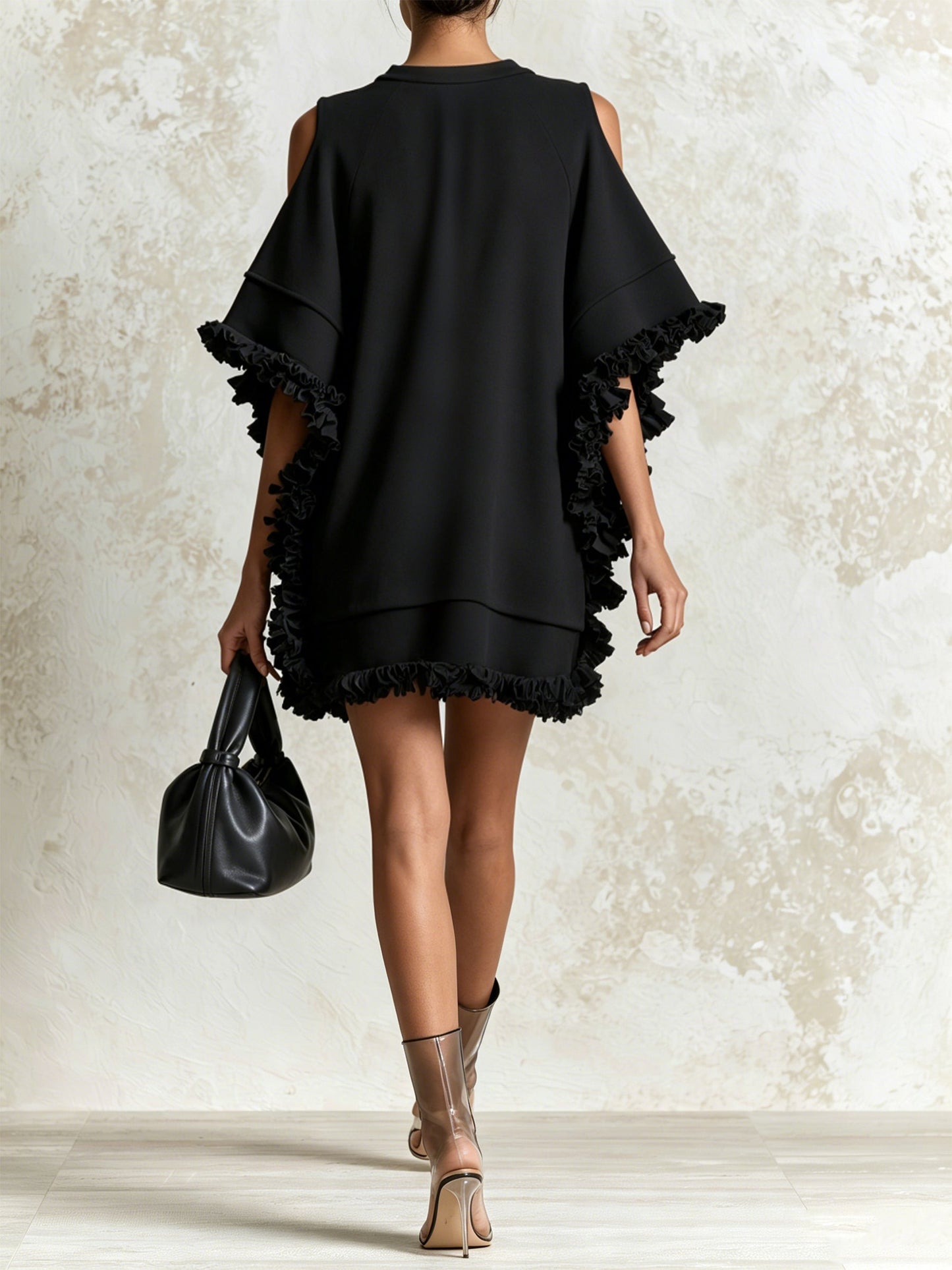 Elegant Black Ruffle Mini Dress for Women with Batwing Sleeve Flowing Draped Silhouette