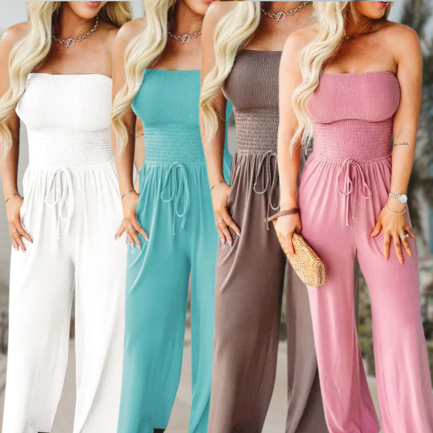 Effortless Wide Leg Jumpsuit for Women with Strapless Smocked Bodice Drawstring Waist Relaxed Style