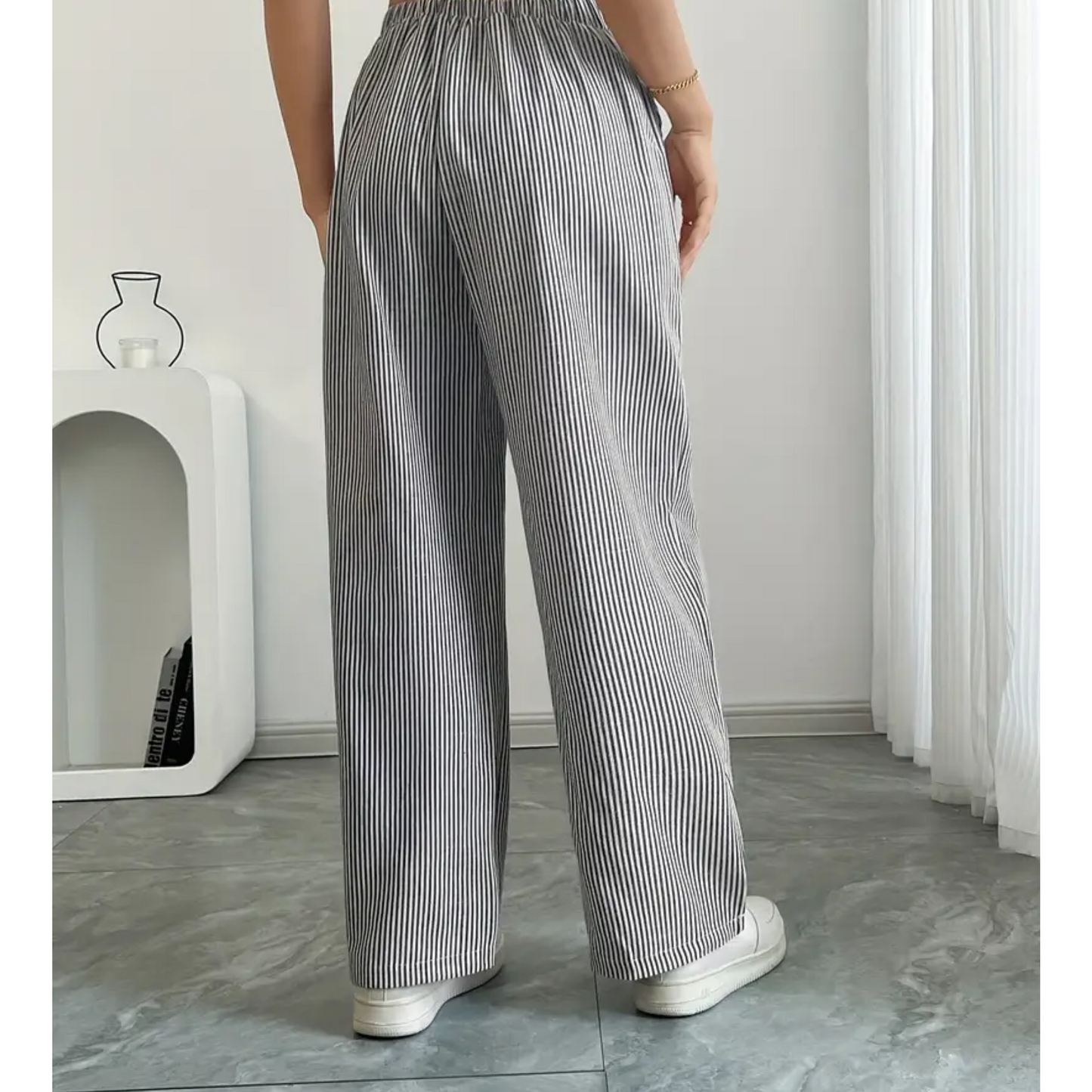 Effortless Striped Wide Leg Pants for Women with High Waist Drawstring Side Pocket Relaxed Casual Style