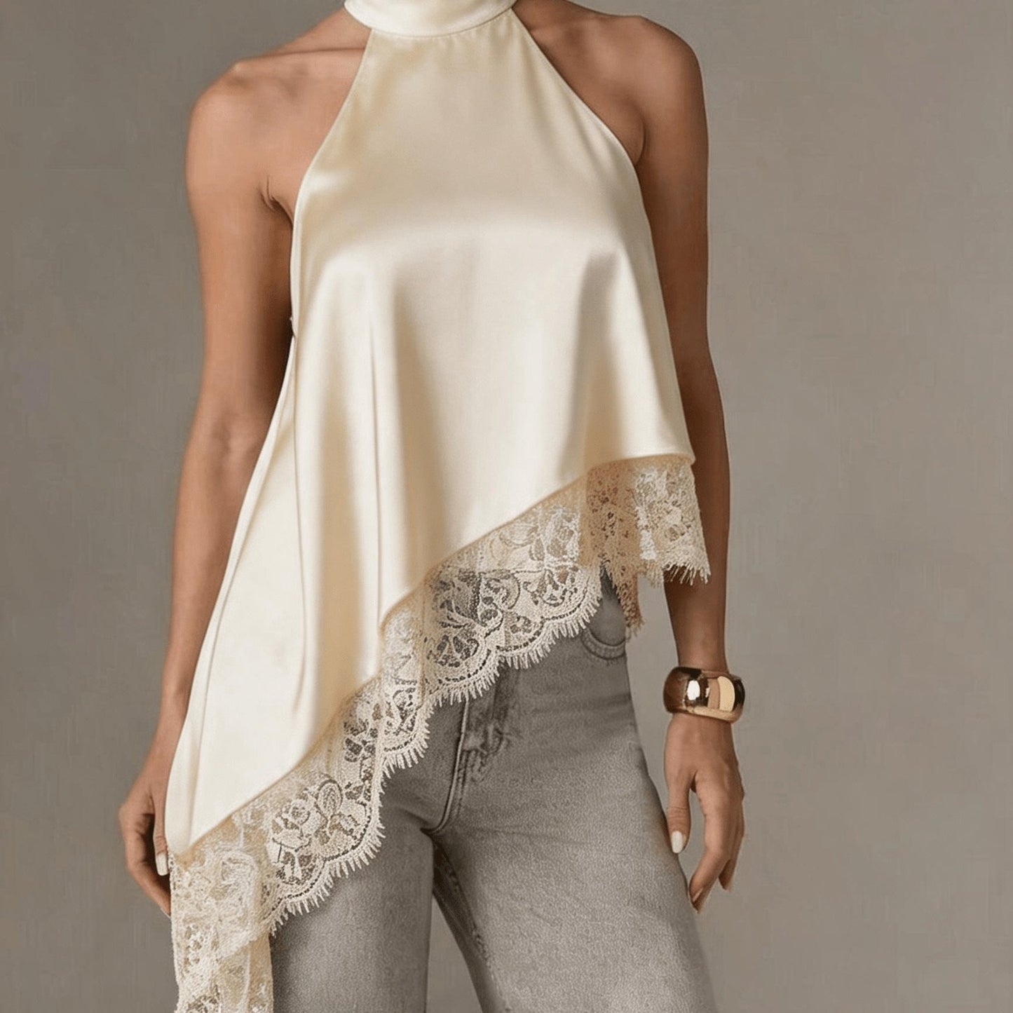 Elegant Satin Lace Trim Blouse for Women with Halter Neck Sleeveless Asymmetric Hem Silky Style