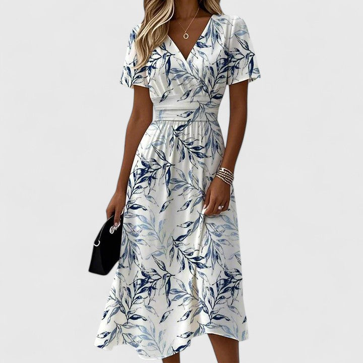Elegant White Floral Midi Dress for Women with V Neck Flutter Sleeve Wrap Ruched Flowing Style