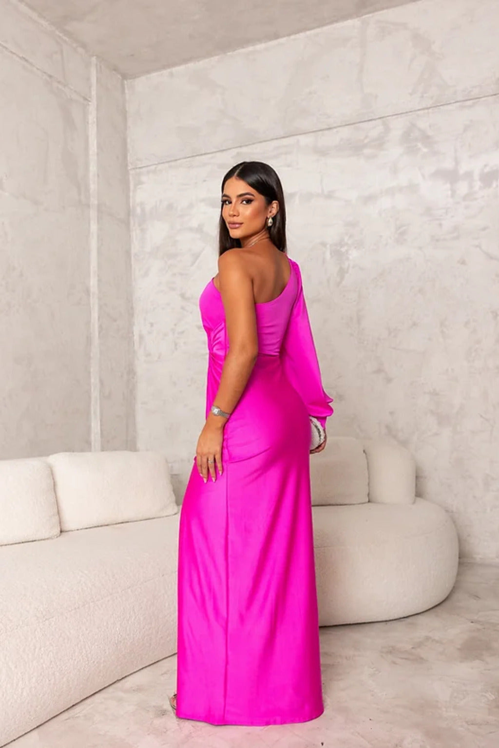 Elegant Satin Maxi Dress for Women with One Shoulder Long Sleeve Twist Waist Thigh Slit Formal Party Style