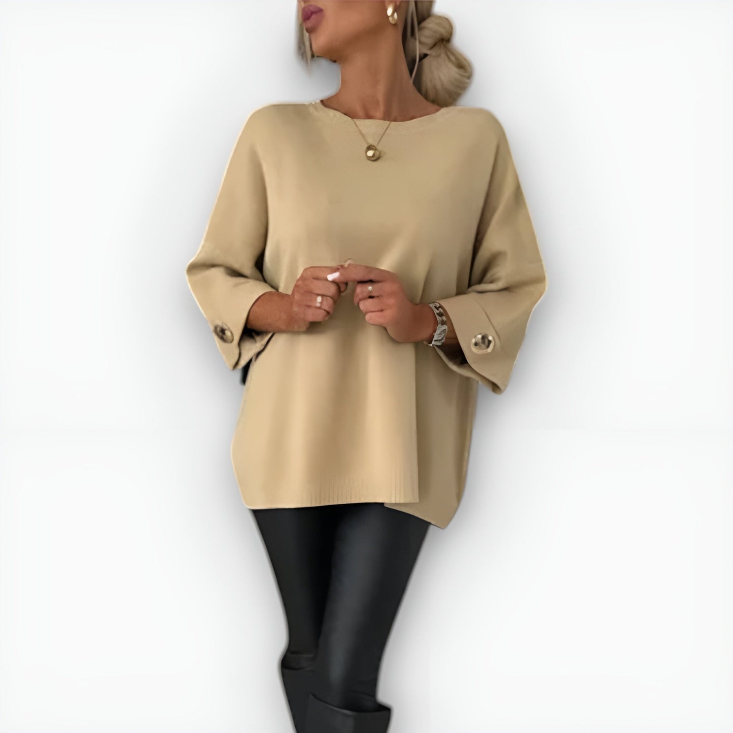 Comfortable Knit Sweater for Women with Round Neck Elbow Sleeve Button Cuff Relaxed Oversized Style