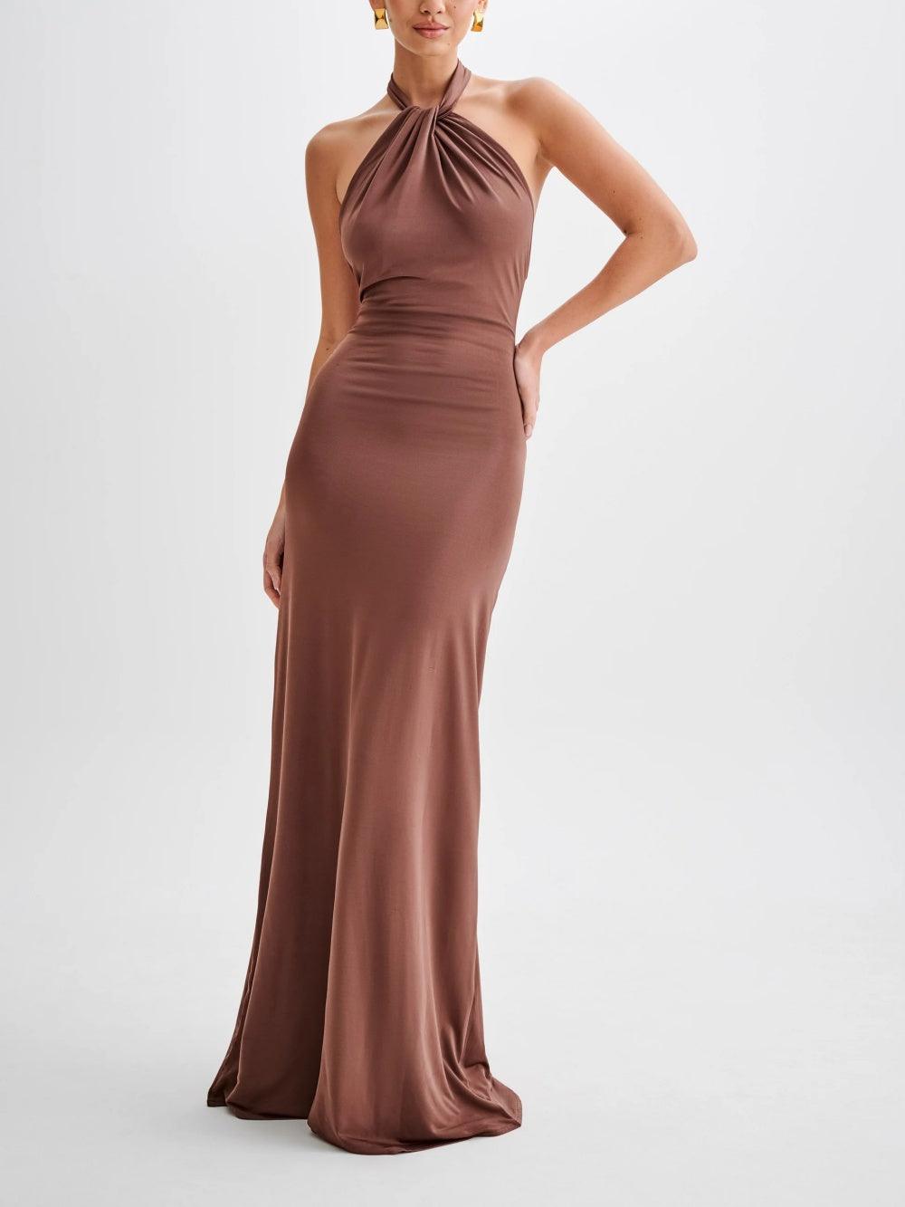 Elegant Halter Maxi Dress for Women with Twist Neck Backless Bodycon Formal Wedding Guest Style