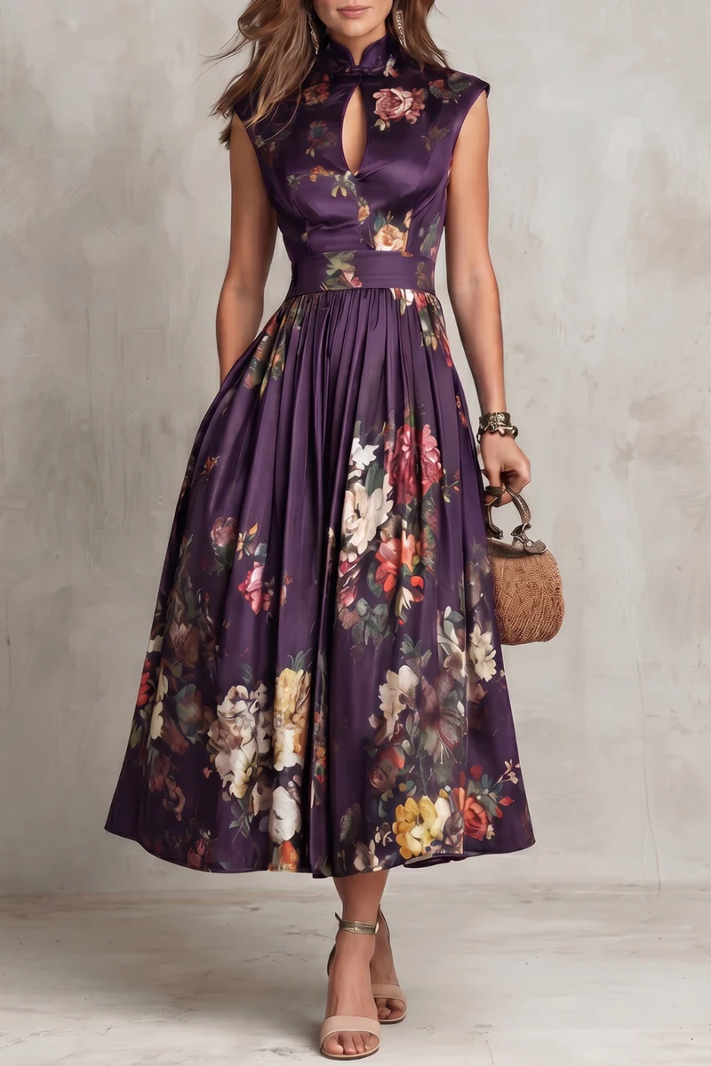 Elegant Floral Midi Dress for Women with High Keyhole Neck Sleeveless Pleated Flowing Formal Wedding Guest Style
