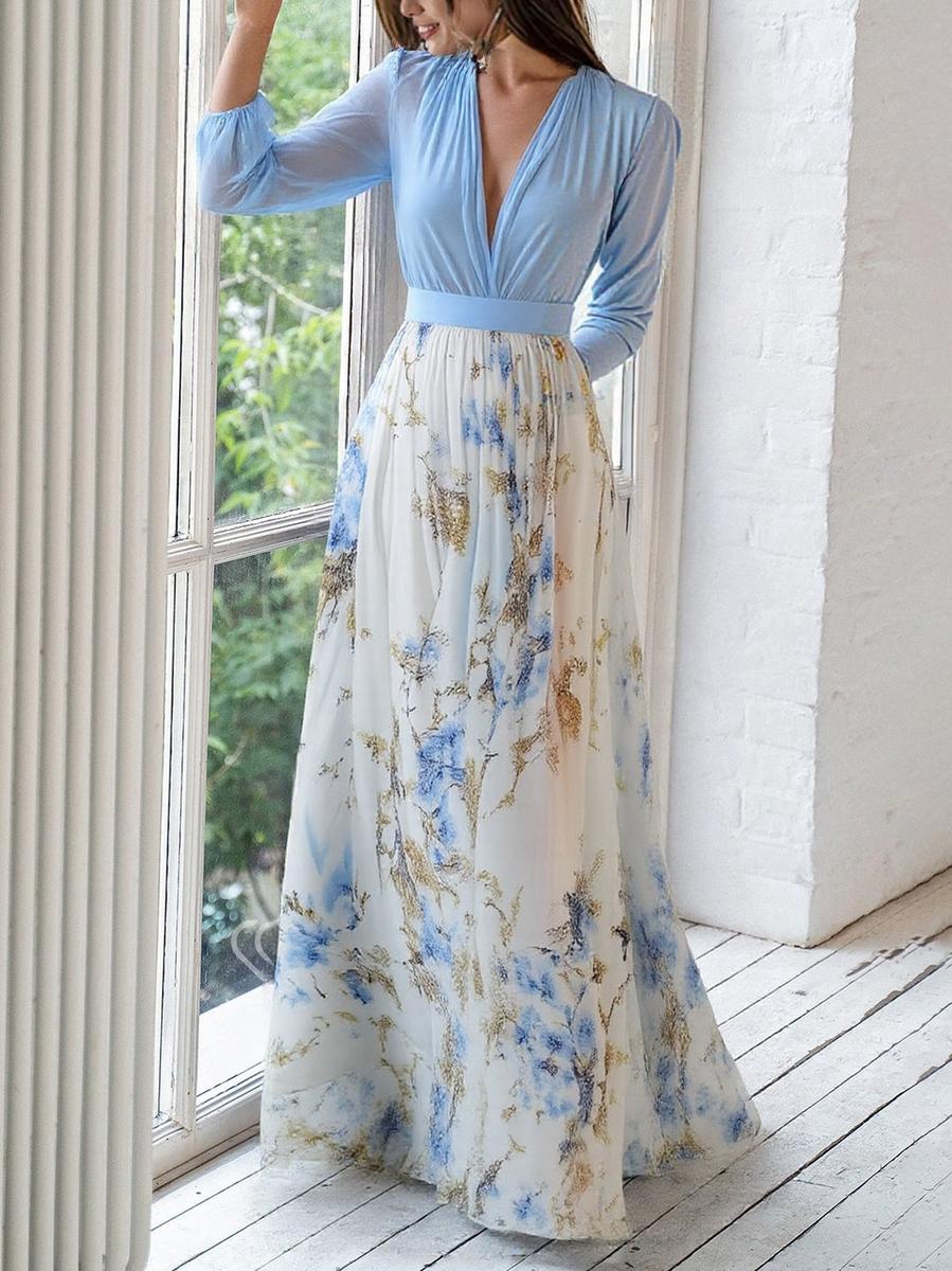 Elegant Blue Floral Maxi Dress for Women with V Neck Long Sleeve Belted Flowing Style