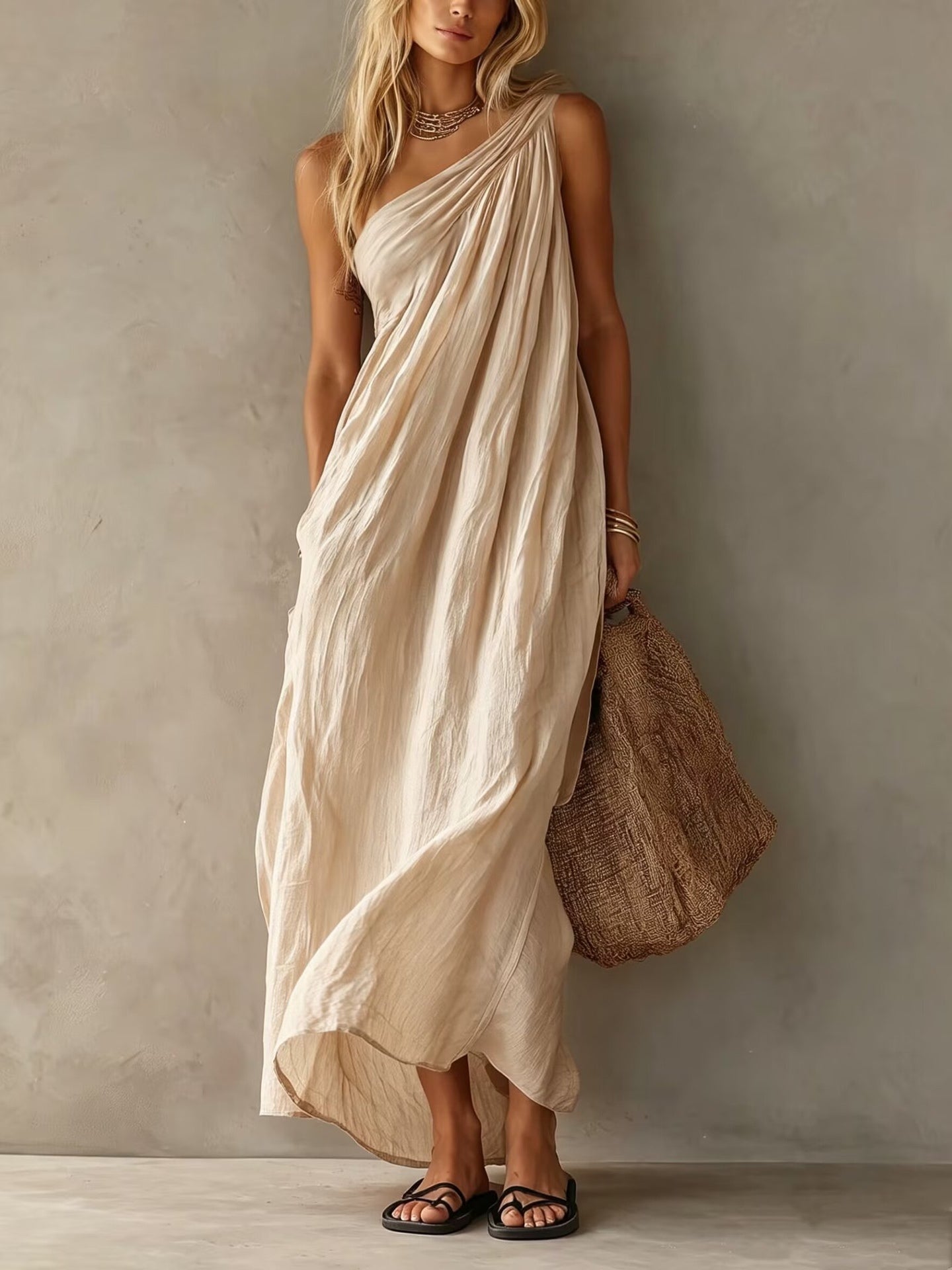 Effortless Draped Maxi Dress for Women with One Shoulder Sleeveless Ruched Flowing Bohemian Style
