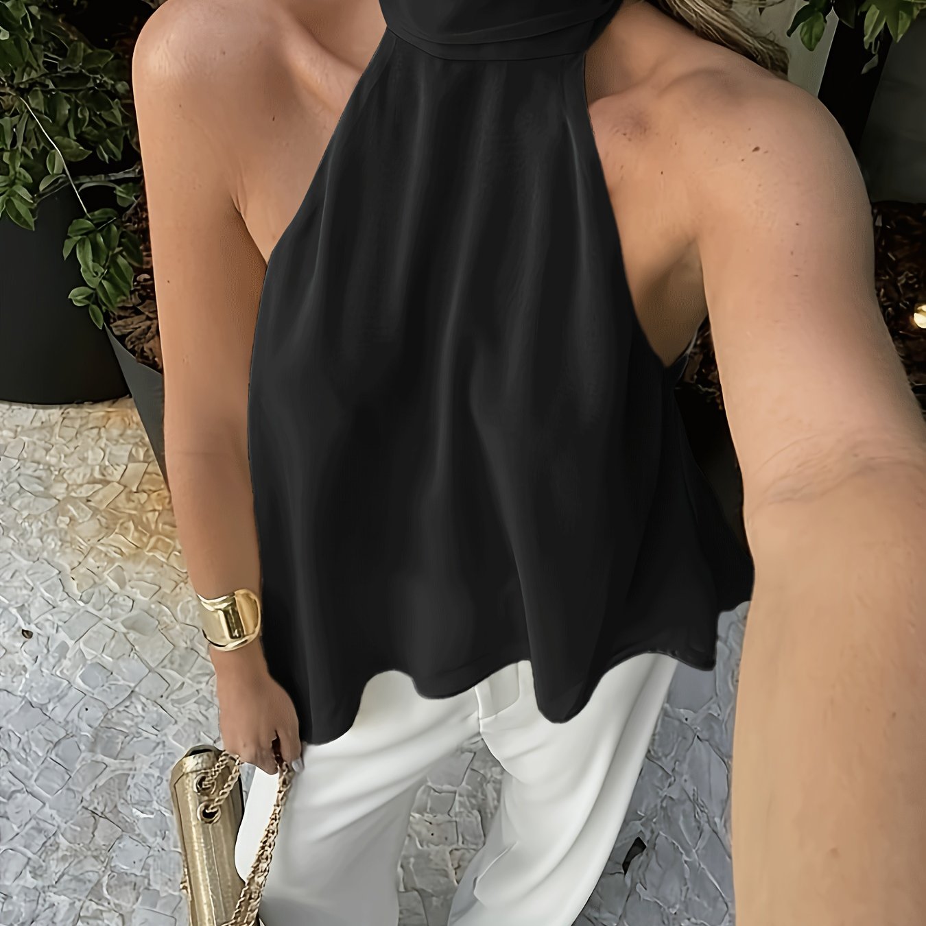 Effortless Chiffon Halter Top for Women with High Neck Sleeveless Flowing Asymmetrical Hem Style