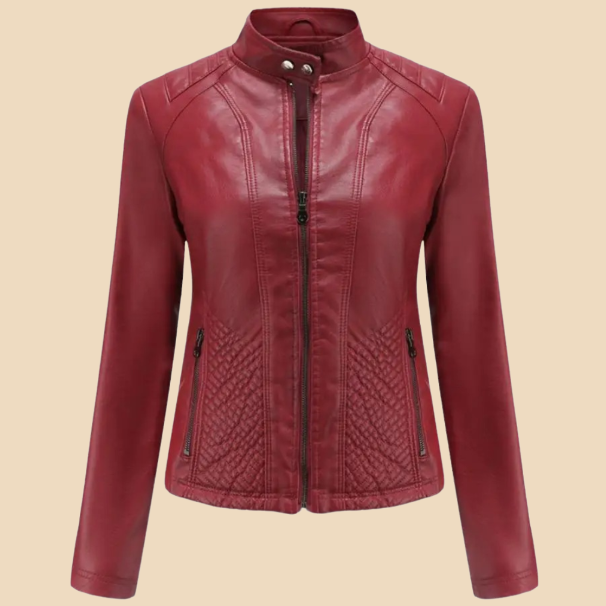 Elegant Leather Jacket for Women with Stand Collar Long Sleeve Quilted Zip Front Style