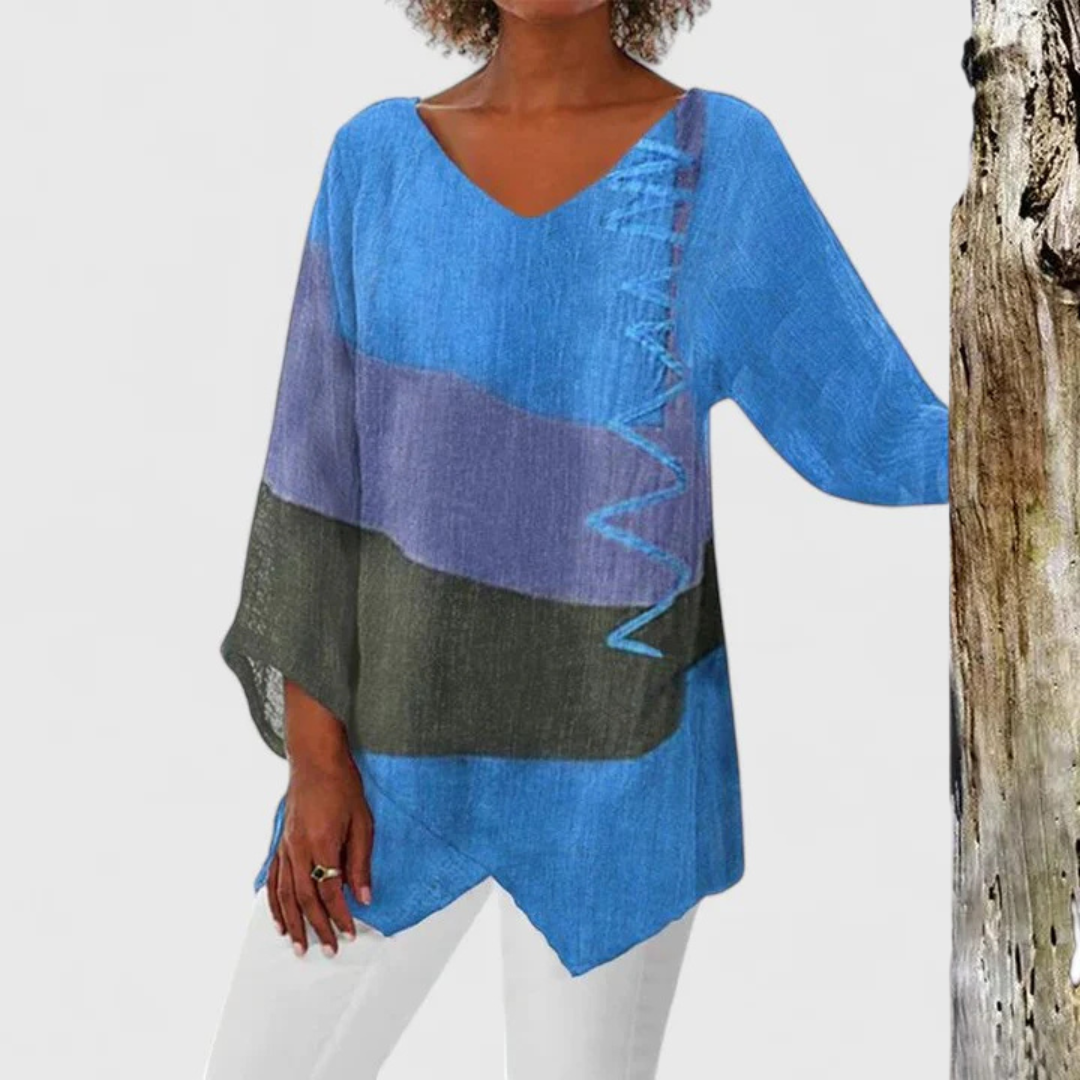 Effortless Colorblock Tunic Top for Women with V Neck Batwing Sleeve Asymmetrical Hem Bohemian Style