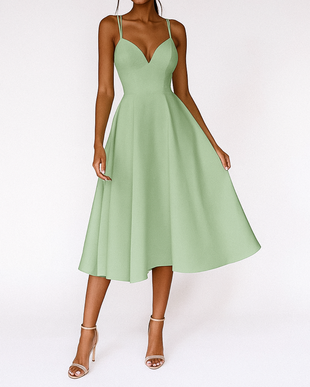 Elegant Midi Dress for Women with Deep V Neck Spaghetti Strap Full Skirt Formal Wedding Guest Style