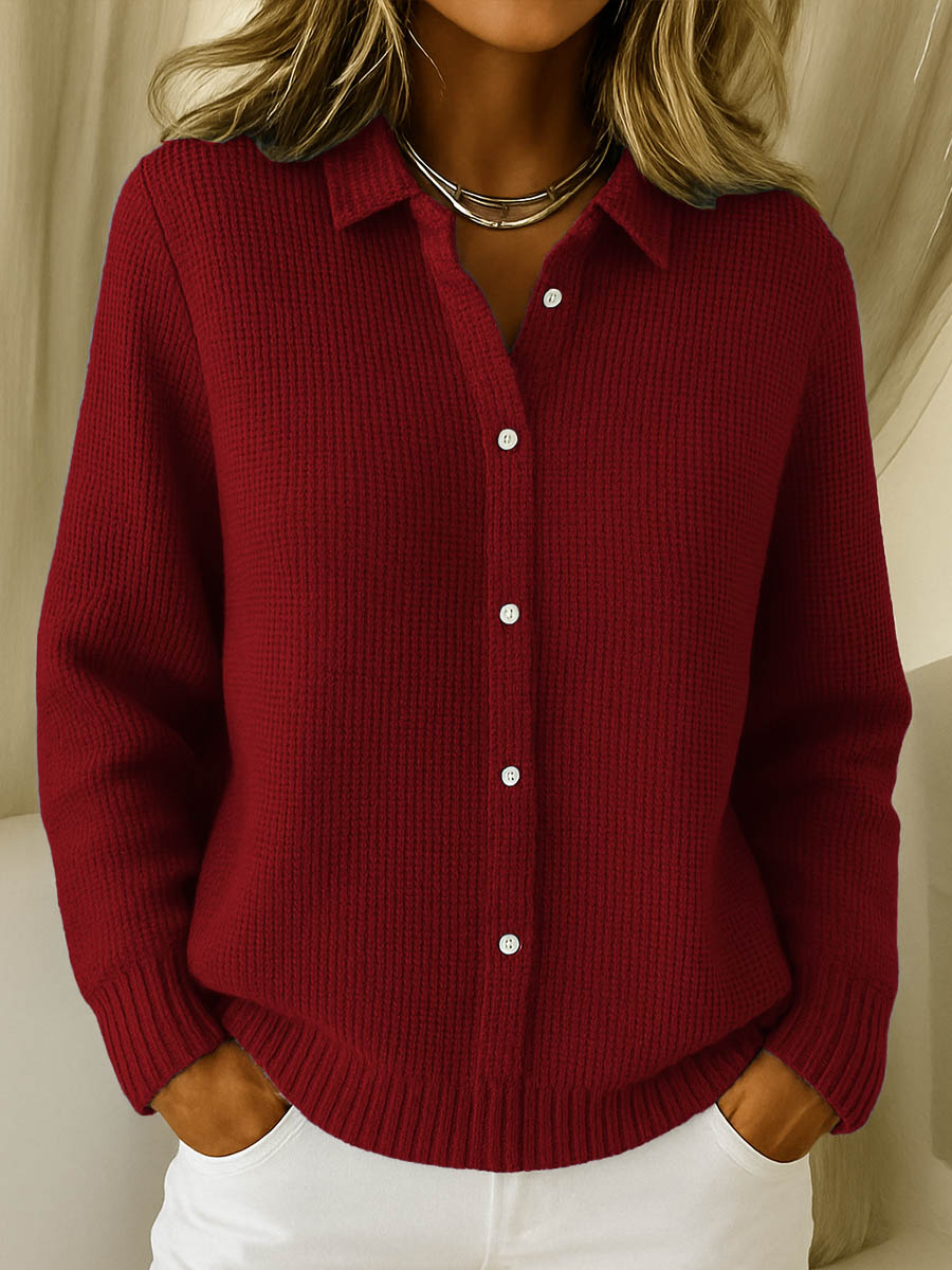 Comfortable Waffle Knit Cardigan Sweater for Women with Collar Long Sleeve Button Front Relaxed Oversized Knit Style