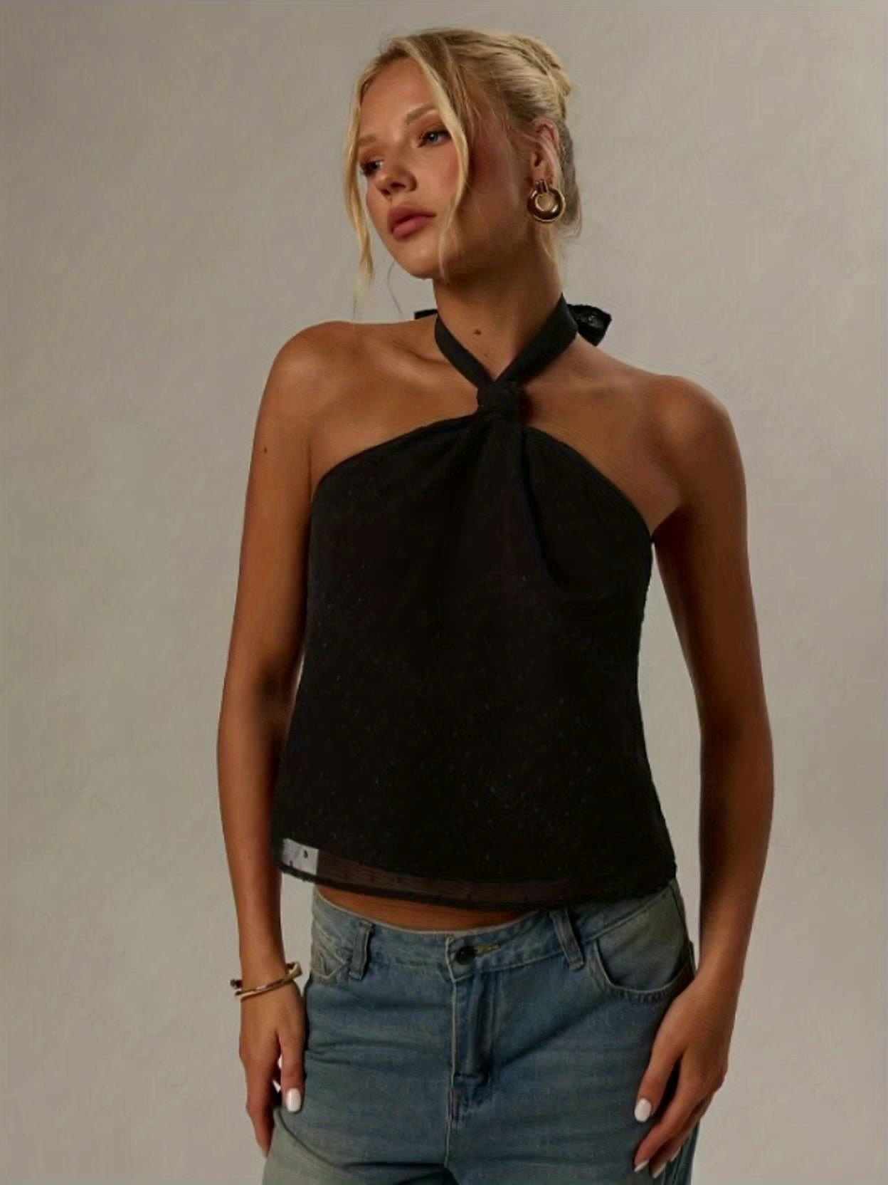 Elegant Black Swiss Dot Halter Top for Women with Twist Front Sleeveless Backless Cocktail Style