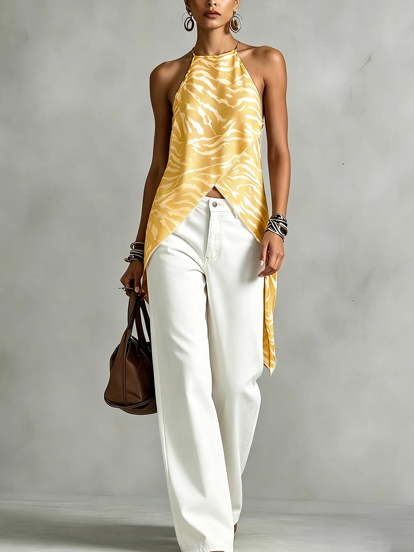 Effortless Brown Zebra Print Halter Top for Women with High Neck Sleeveless Wrap Front Flowing Style