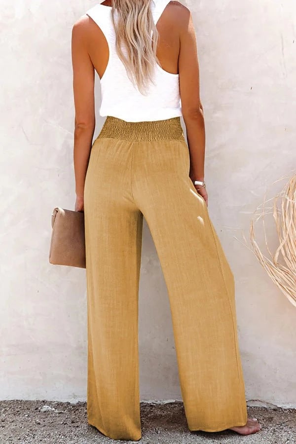Effortless Linen Wide Leg Pants for Women with High Waist Smocked Button Front Relaxed Style