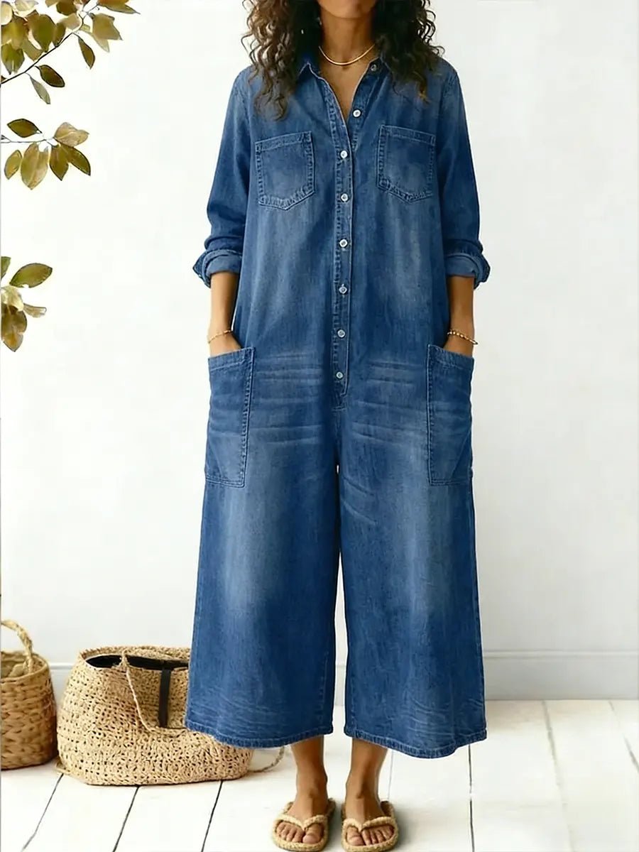 Effortless Denim Jumpsuit for Women with Collar Long Sleeve Button Front Wide Leg Pocket Casual Style
