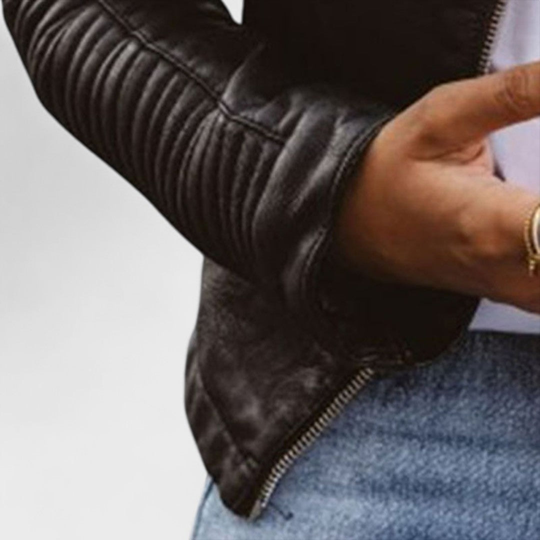 Elegant Black Leather Jacket for Women with Snap Collar Long Sleeve Quilted Cropped Biker Style
