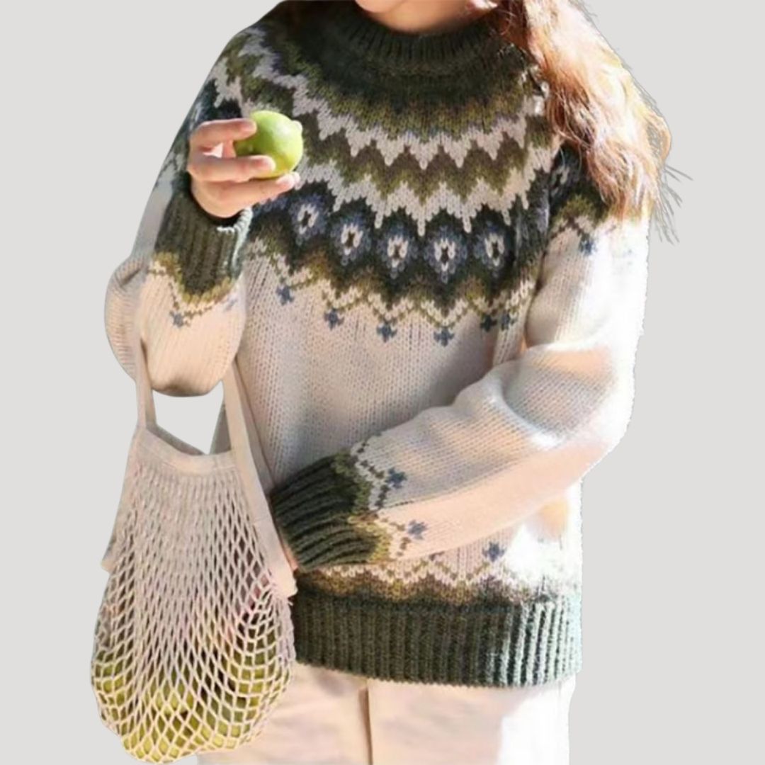 Comfortable Fair Isle Sweater for Women with Crew Neck Long Sleeve Relaxed Oversized Knit Style