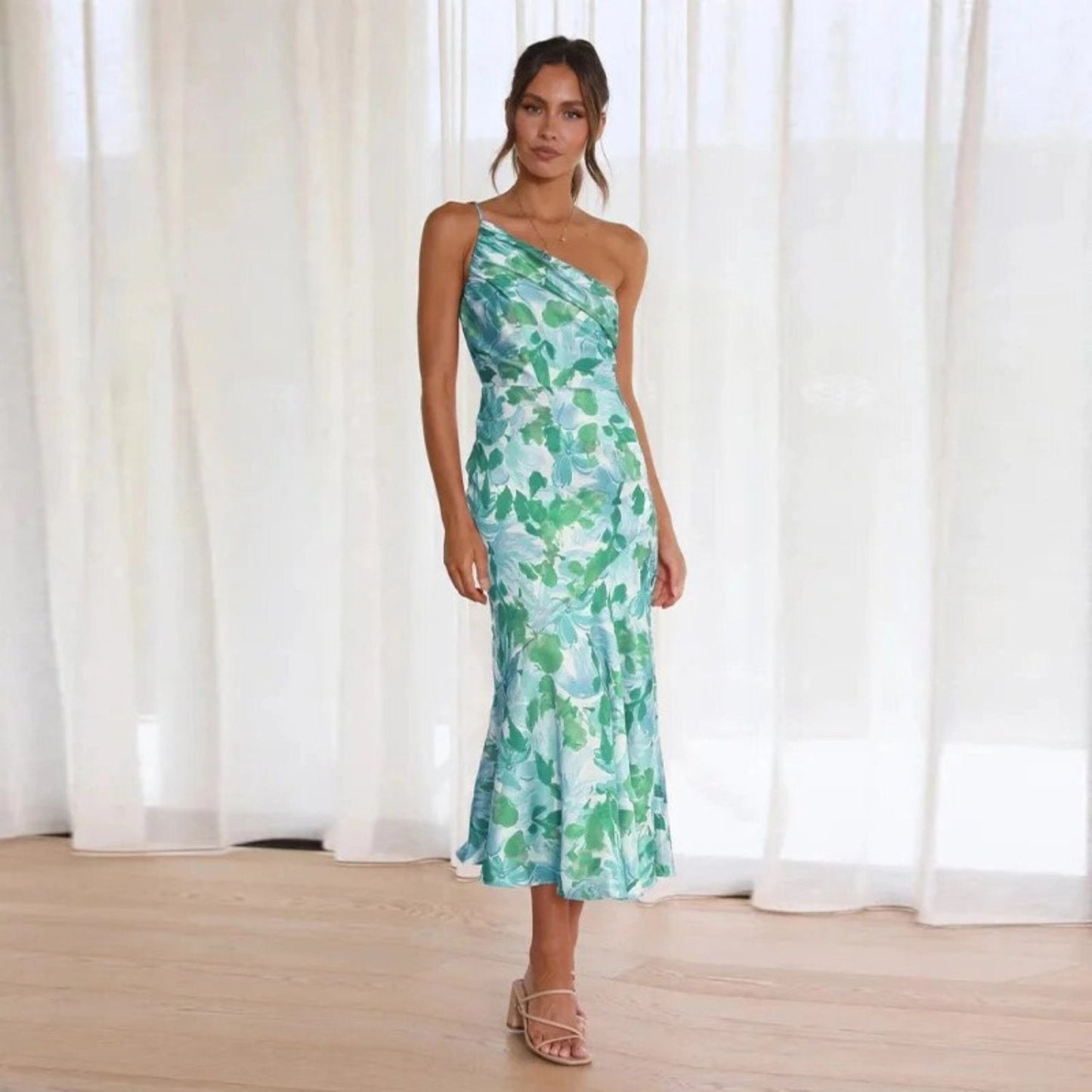 Elegant Floral Midi Dress for Women with V Neck Spaghetti Strap Ruffle Hem Formal Wedding Guest Style