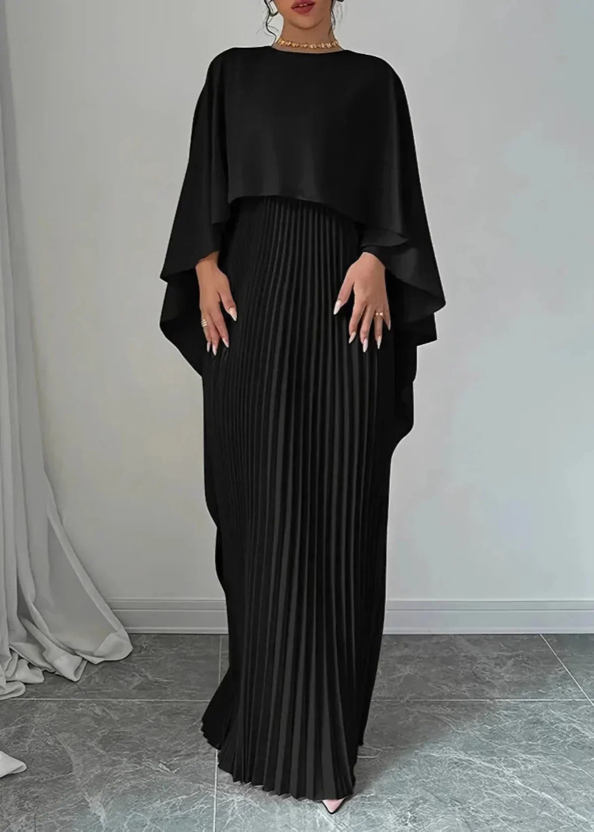 Elegant Pleated Maxi Dress for Women with Round Neck Cape Sleeve Flowy Formal Wedding Guest Style