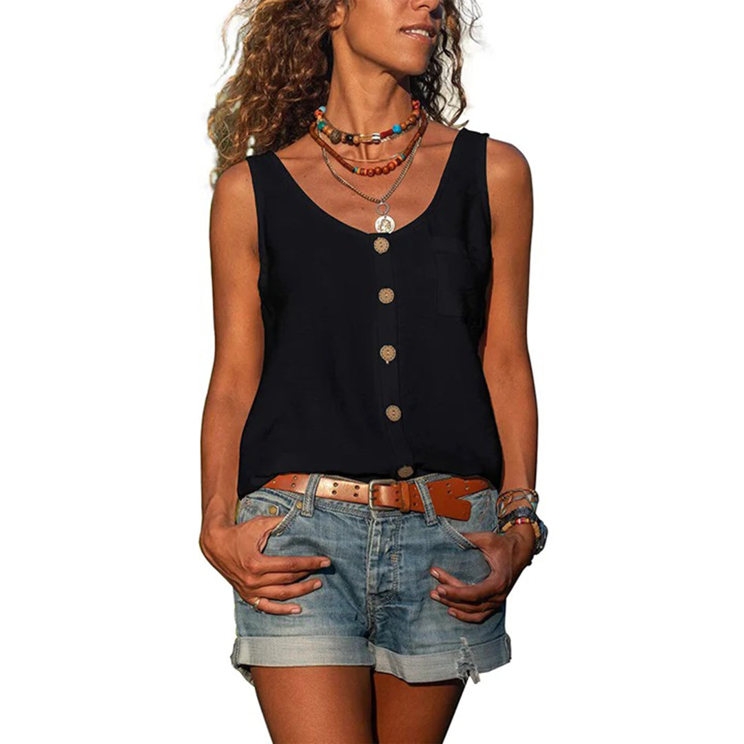 Effortless Linen Button Front Tank Top for Women with Scoop Neck Sleeveless Relaxed Boho Style