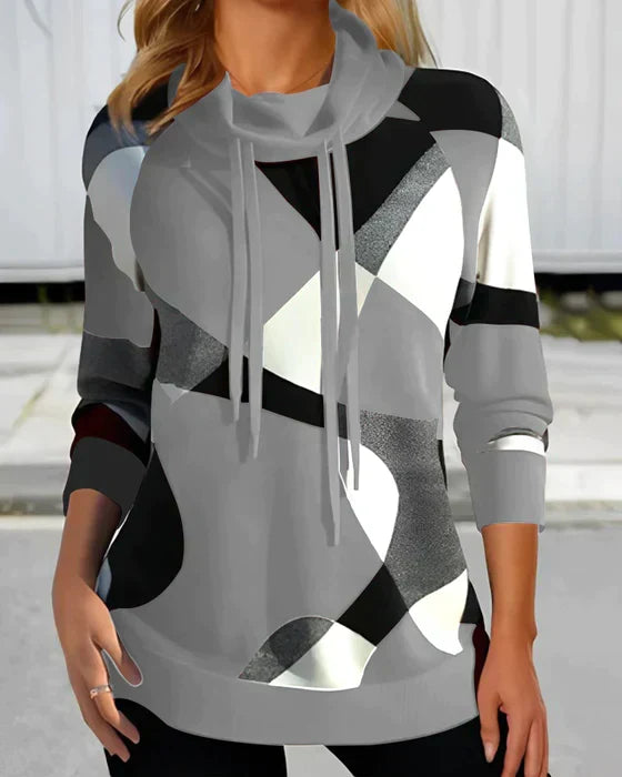 Comfortable Geometric Colorblock Sweatshirt for Women with Cowl Neck Long Sleeve Drawstring Relaxed Style