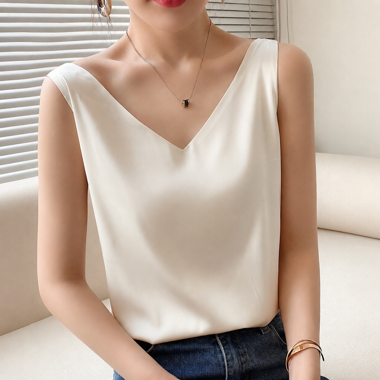 Effortless Satin Tank Top for Women with V Neck Sleeveless Relaxed Flowing Style
