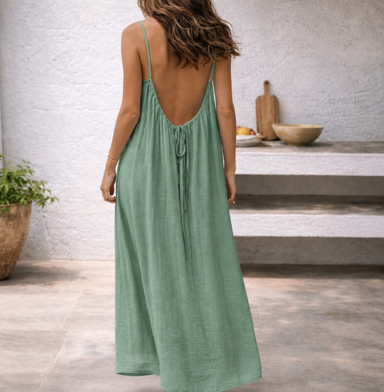 Effortless Linen Maxi Dress for Women with Scoop Neck Spaghetti Strap Flowing Bohemian Style