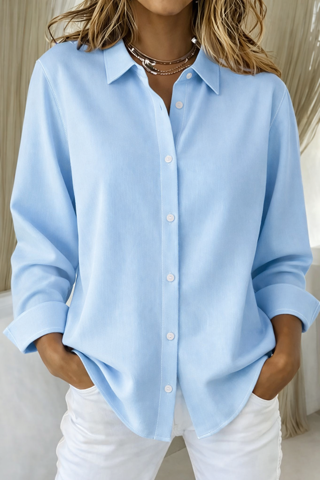 Effortless Blouse for Women with Collar Long Sleeve Button Front Relaxed Oversized Style