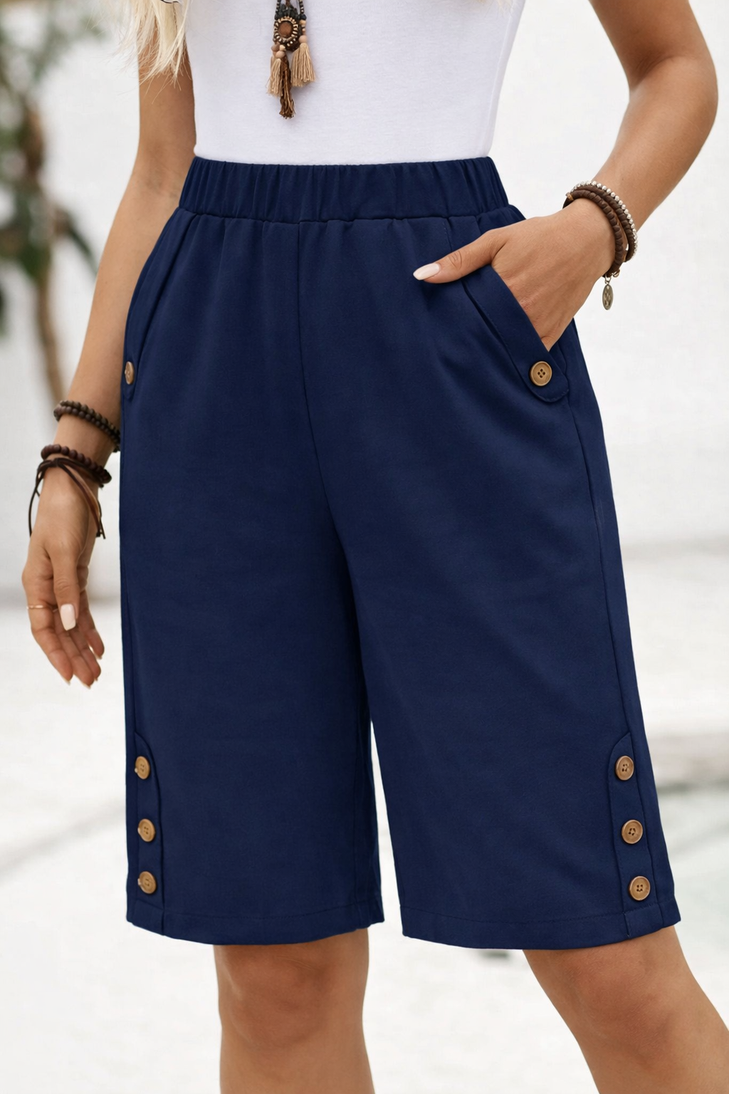 Effortless Black Bermuda Shorts for Women with High Waist Button Trim Relaxed Casual Style