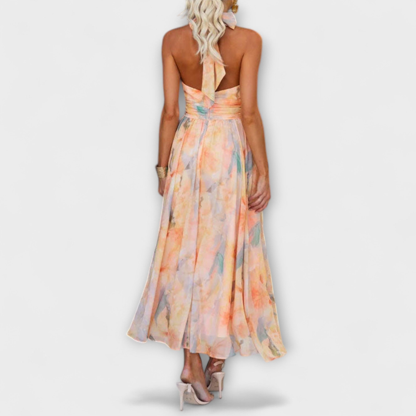 Elegant Floral Maxi Dress for Women with Halter Neck Open Back Flowy Skirt Formal Wedding Guest Style