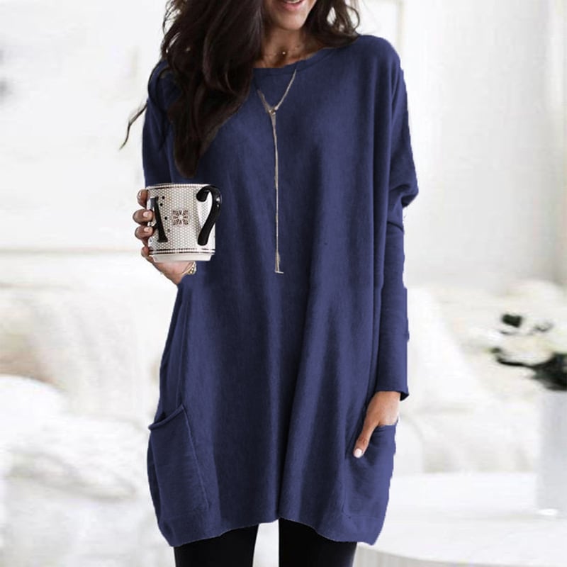 Comfortable Pocket Tunic Dress for Women with Round Neck Long Sleeve Relaxed Oversized Casual Style