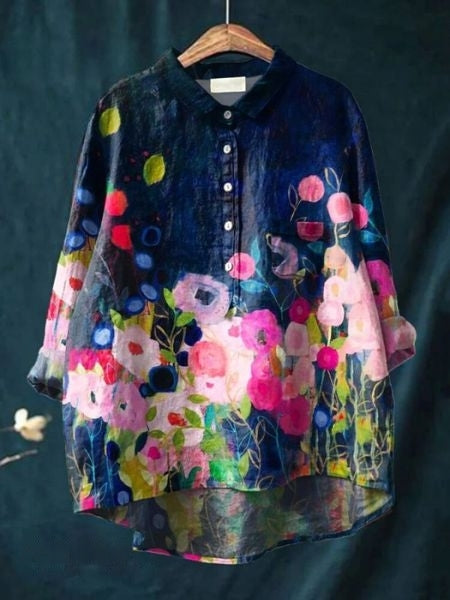Effortless Floral Blouse for Women with Collar Long Sleeve Button Front High Low Hem Style