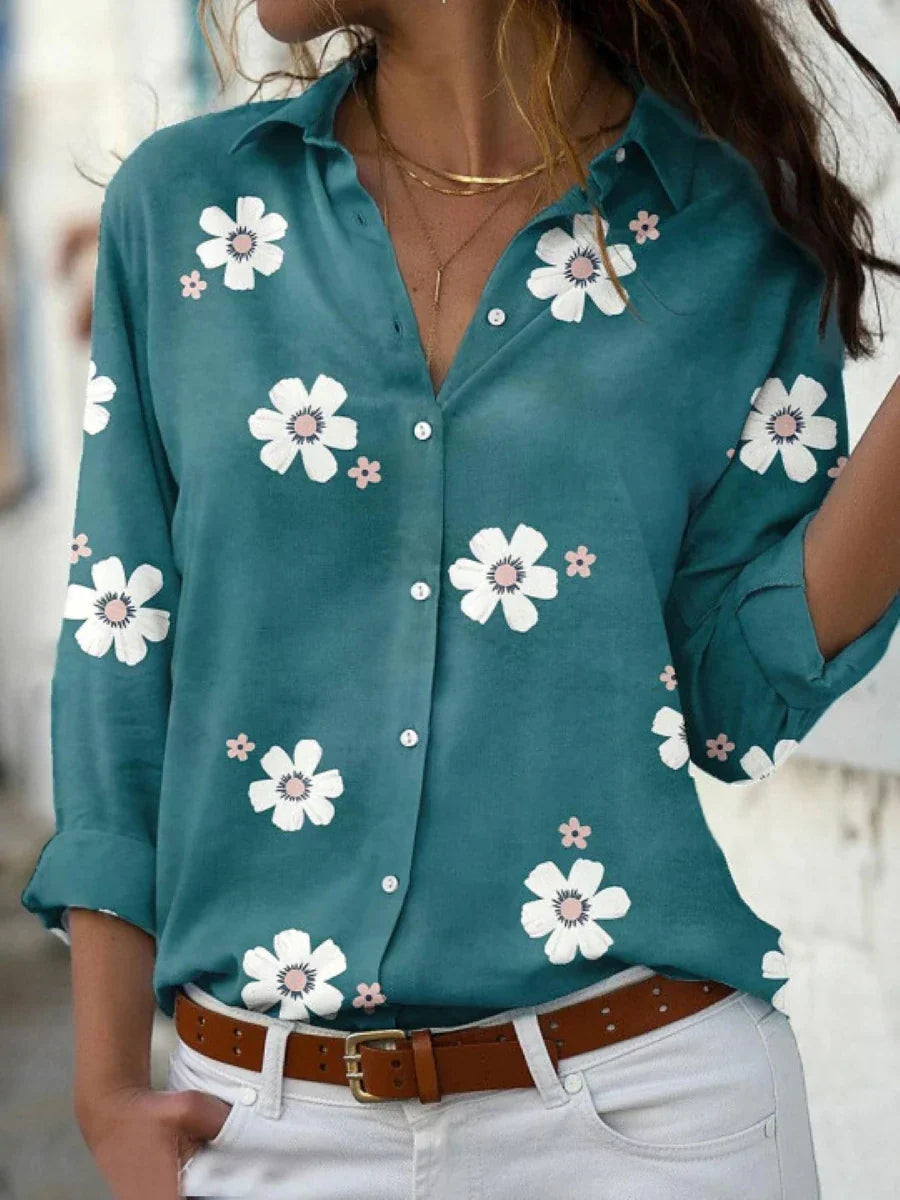 Effortless Floral Blouse for Women with Collar Long Sleeve Button Front Relaxed Style