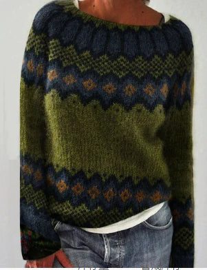 Comfortable Tribal Print Sweater for Women with Round Neck Long Sleeve Relaxed Oversized Knit Style