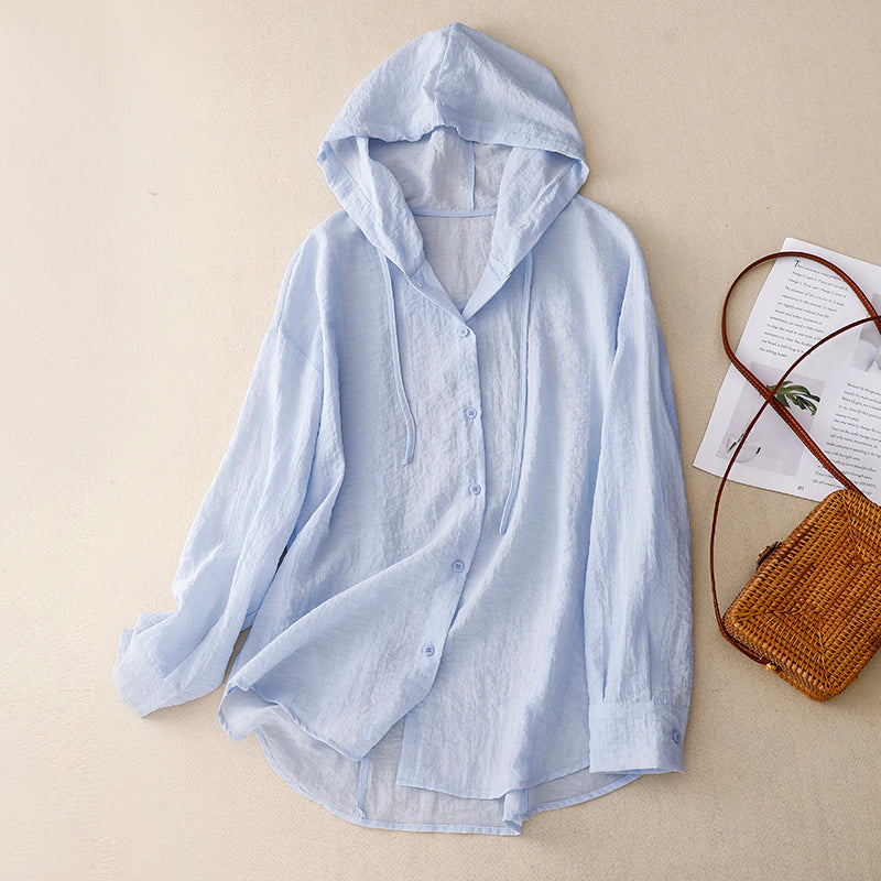 Effortless Linen Shirt for Women with Drawstring Hood Long Sleeve Button Front Relaxed Style