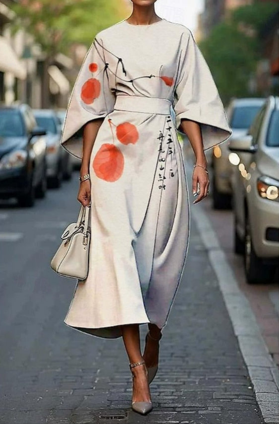Elegant Floral Midi Dress for Women with Batwing Sleeve Wrap Waist Formal Wedding Guest Style