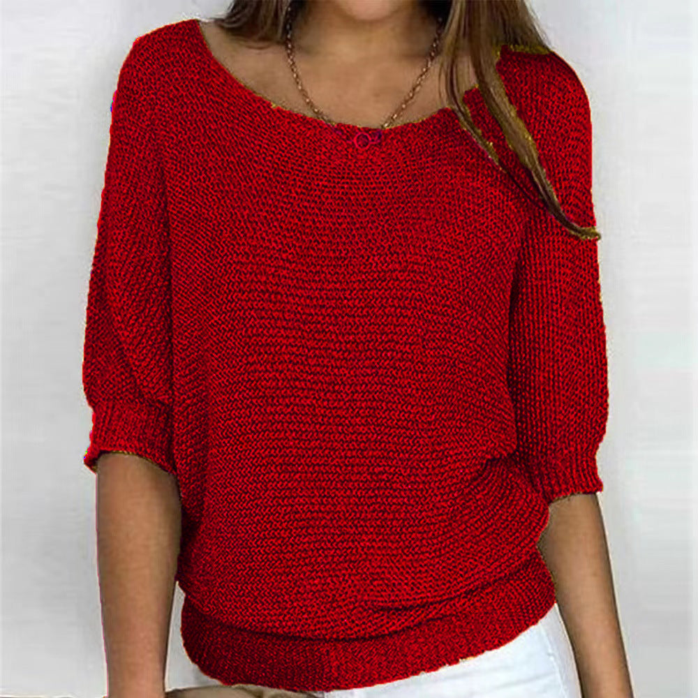 Comfortable Knit Sweater for Women with Scoop Neck Batwing Sleeve Ribbed Hem Oversized Style
