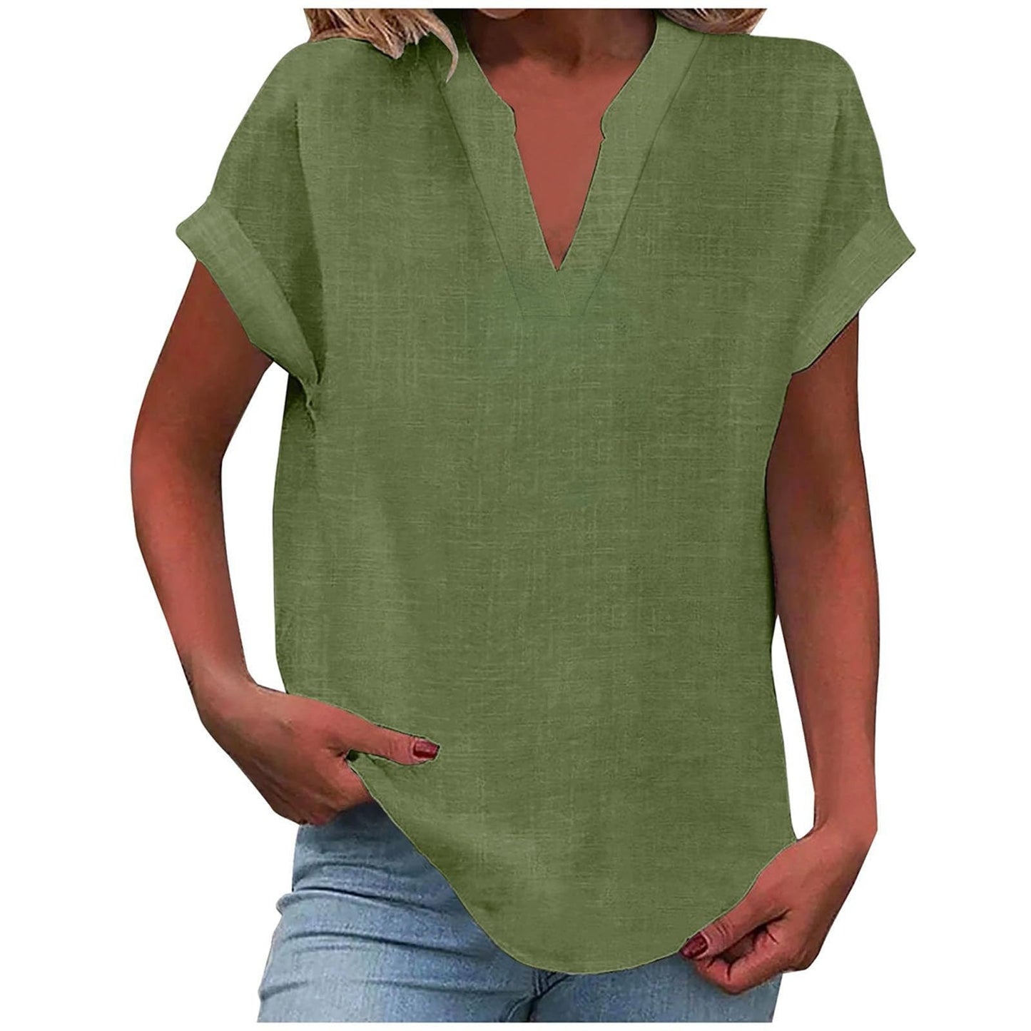 Effortless Linen Blouse for Women with V Neck Short Sleeve Relaxed Tunic Style