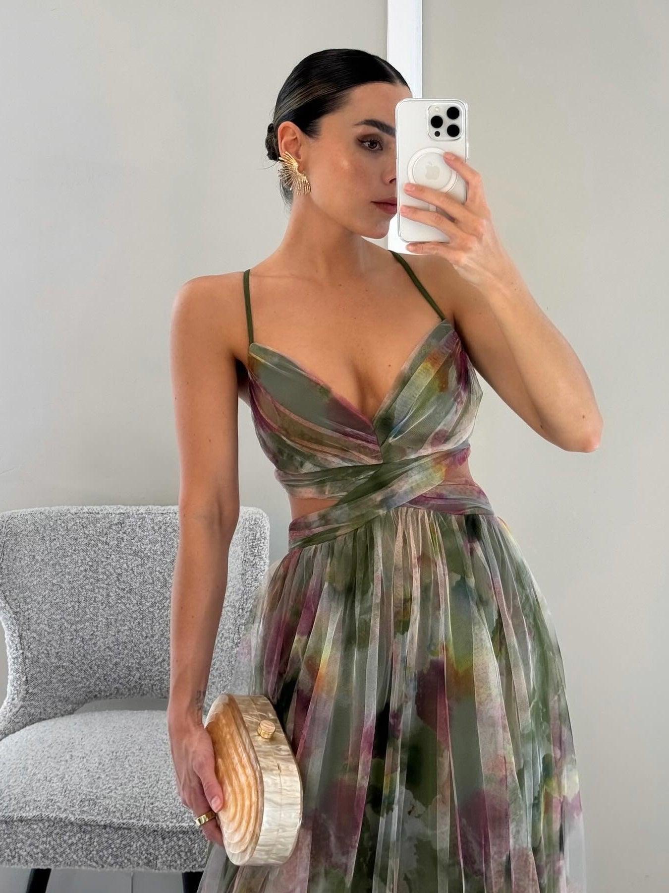 Elegant Watercolor Floral Maxi Dress for Women with V Neck Crisscross Waist Cutout Flowing Style