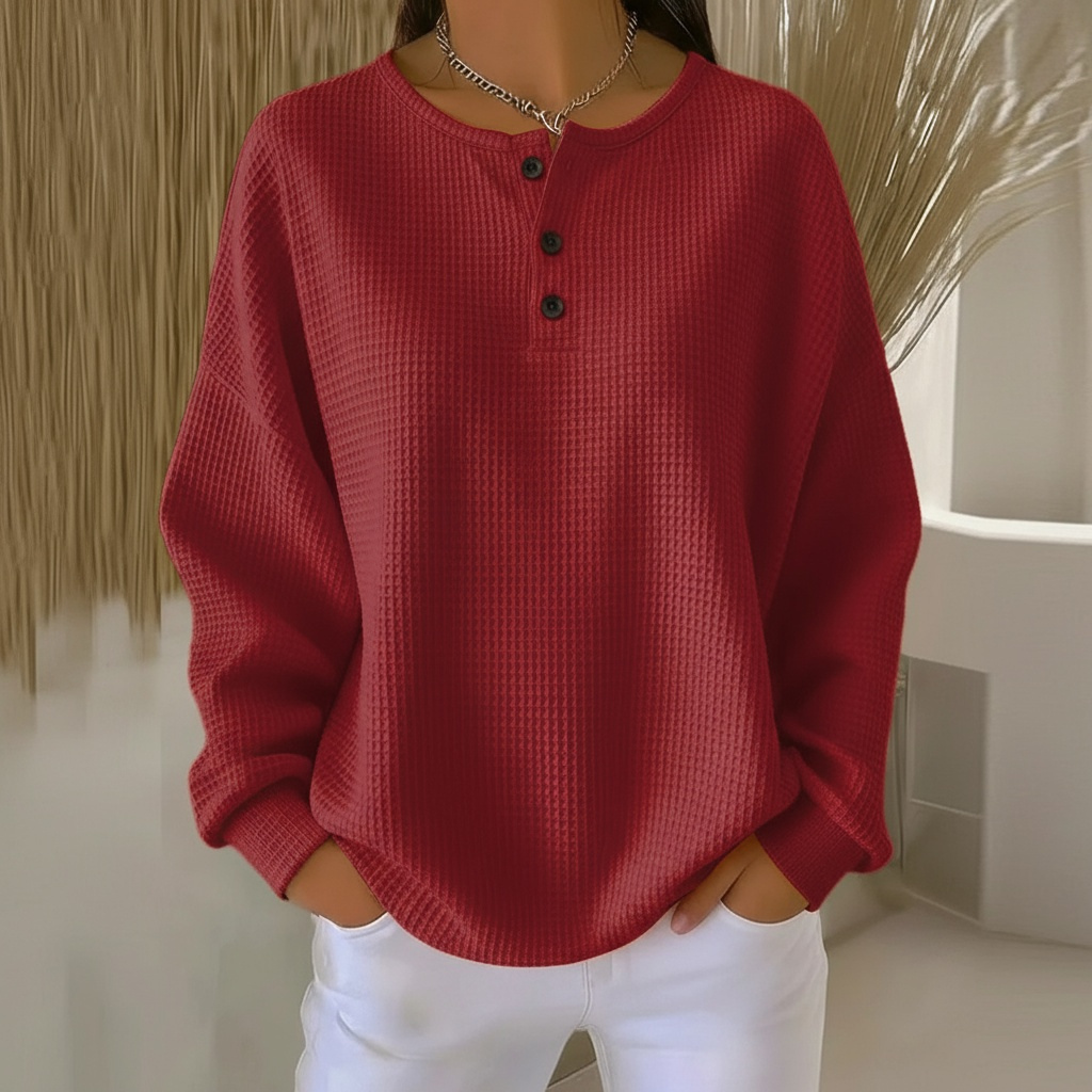 Comfortable Waffle Knit Henley Top for Women with Split Neck Long Sleeve Oversized Relaxed Style