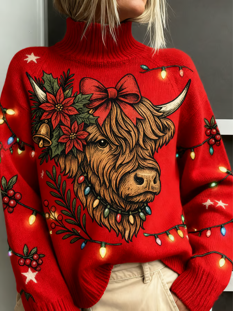 Comfortable Red Christmas Cow Print Sweater for Women with High Neck Long Sleeve Relaxed Oversized Knit Style
