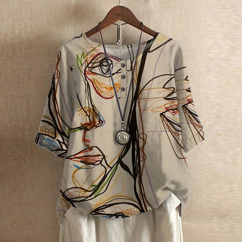 Effortless Patchwork Print Blouse for Women with Round Neck Half Sleeve Relaxed Boho Style
