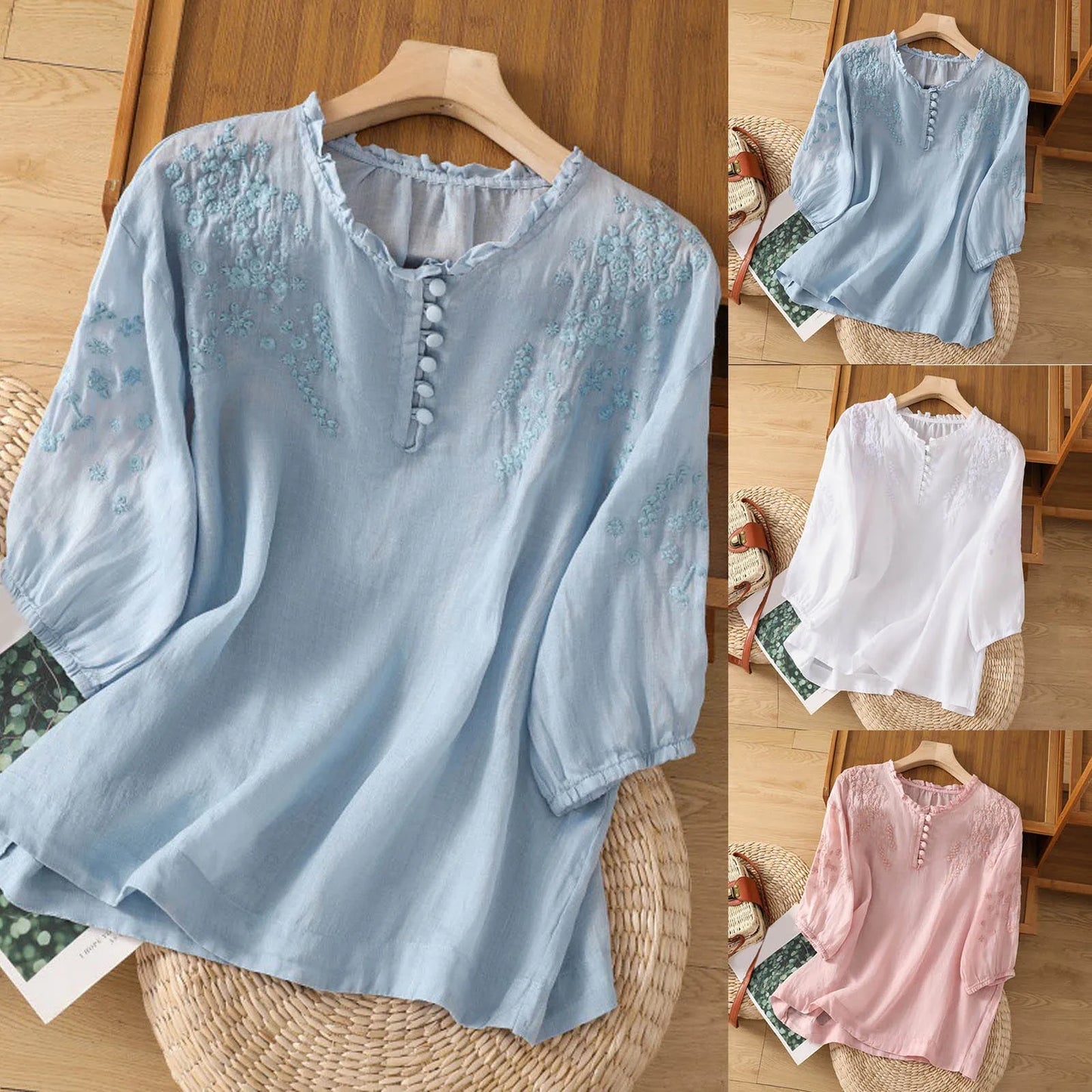 Effortless Embroidered Linen Blouse for Women with Ruffle V Neck Elbow Sleeve Button Front Boho Style