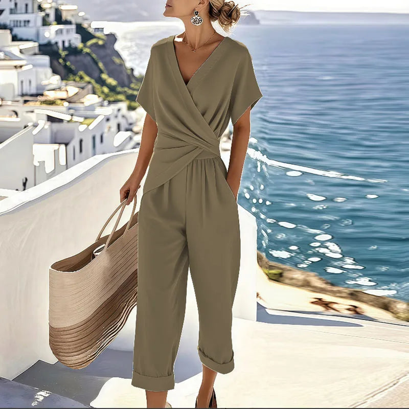 Effortless Wrap Jumpsuit for Women with V Neck Short Sleeve Cropped Wide Leg Relaxed Style