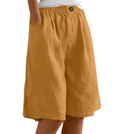 Effortless Olive Green Linen Bermuda Shorts for Women with Elastic Waist Button Front Wide Leg Relaxed Style