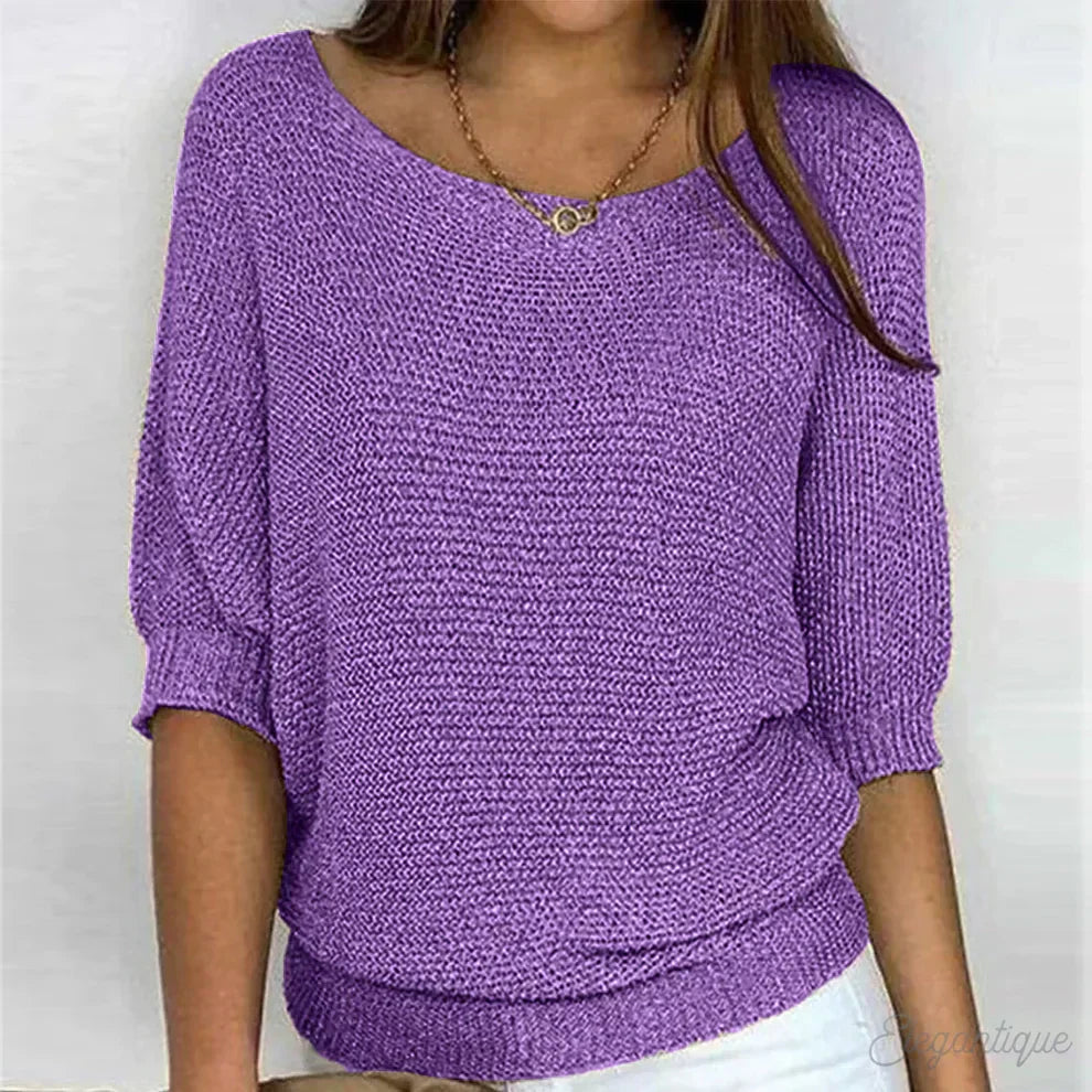 Comfortable Knit Sweater for Women with Scoop Neck Batwing Sleeve Relaxed Oversized Style